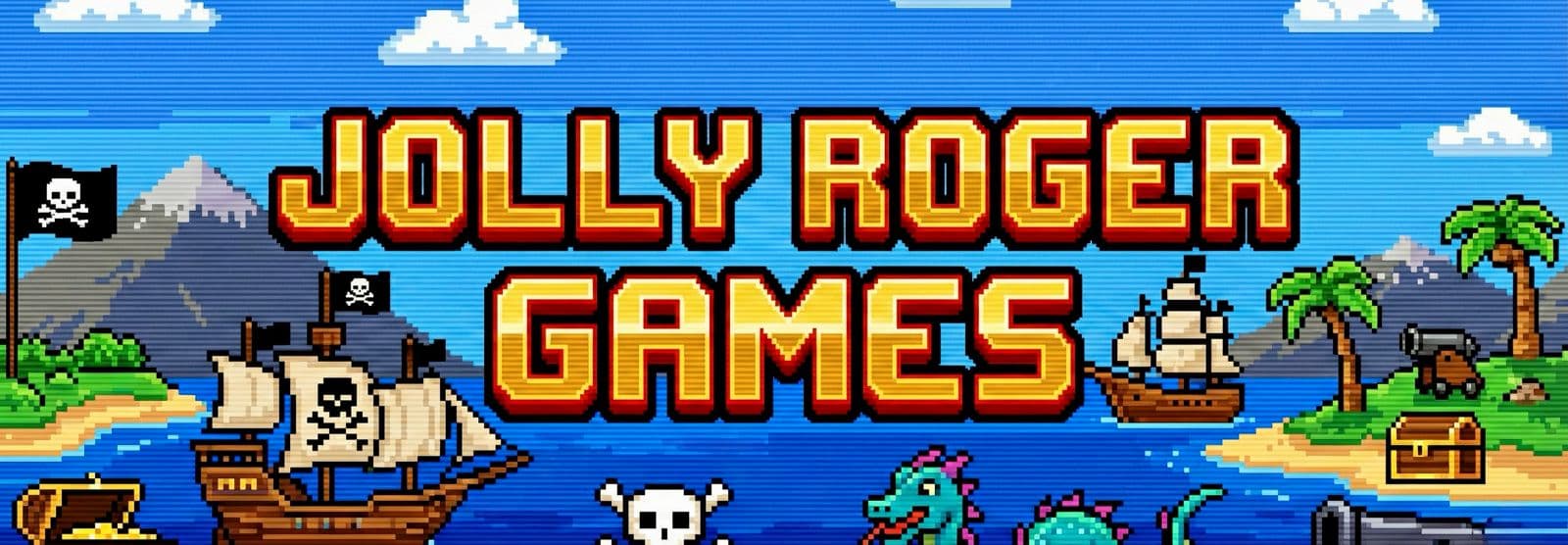 Jolly Roger Games - Pirate ship, sea monster, and islands pixel art